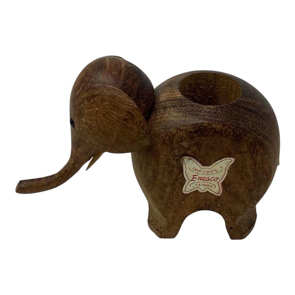 Vtg Enesco Carved Elephant Toothpick Holder Wood Kay Bojesen Taiwan MCM